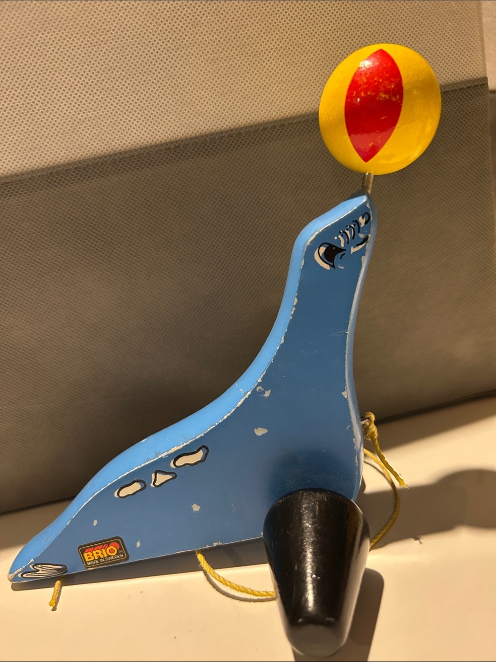 Rare Brio Blue Seal Pull Toy with Yellow Ball